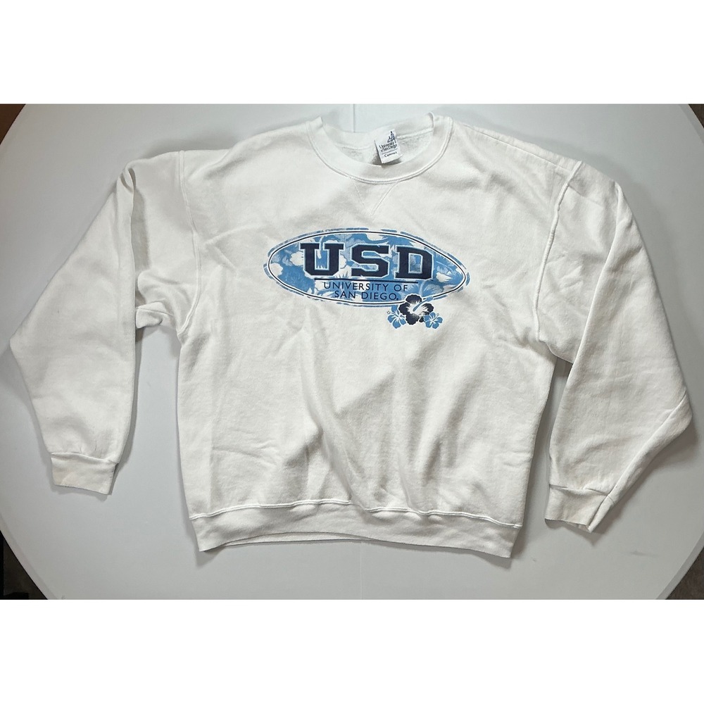 VTG USA Made University of San Diego USD Sweatshirt Tropical Hibiscus Sz L White